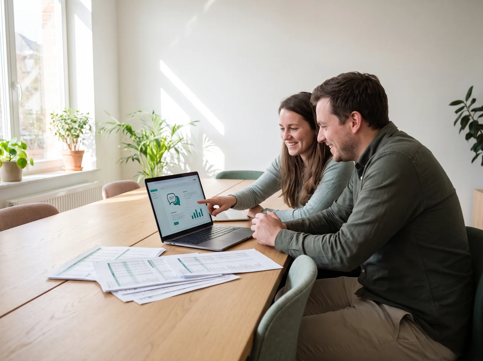 Twee collega's bekijken lachend een dashboard met een AI-assistent op een laptop, de afgedrukte spreadsheets liggen opzij.